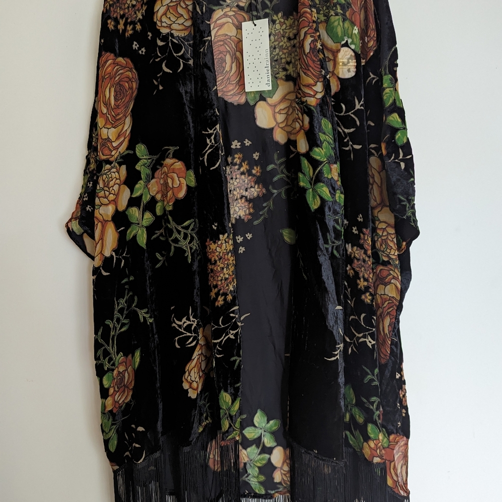 Vintage Floral Velvet Cardigan Fringe Trimmed